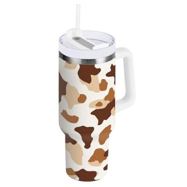Imagem de SEHANY Copo de vaca marrom e branco de 850 g com alça, copo isolado de aço inoxidável a vácuo de parede dupla, à prova de vazamento, caneca de café isolada para viagem cabe no suporte de copo de carro