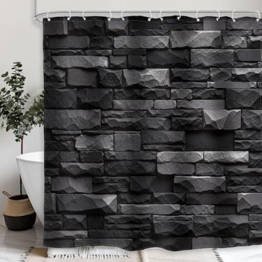 Imagem de Glawry Cortina de chuveiro de parede de tijolo de pedra longa, moderna, preta, cinza, geométrica, arquiteto, mármore, rústico, minimalista, banheiro, moda, 182 cm L x 192 cm, acessórios de banho, arte