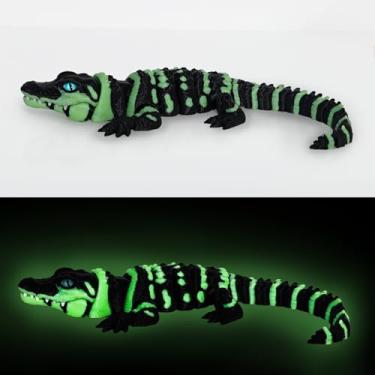 Imagem de coonoe Crocodilo articulado impresso em 3D - boca aberta e olhos de vidro - Modelos de animais articulados flexíveis - Presentes surpresa para entusiastas de Fidget - Verde fluorescente