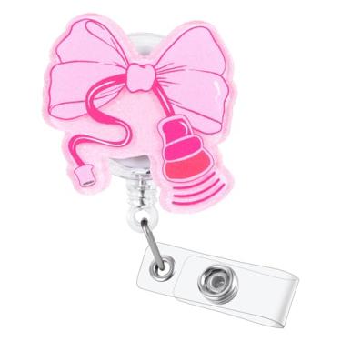 Imagem de Carretel de crachá de ultrassom rosa com laço de ultrassom engraçado, bonito suporte retrátil para crachá de identificação, crachá Buddy para RN LPN CNA MA EUA L&D OB/GYN enfermeira obstétrica