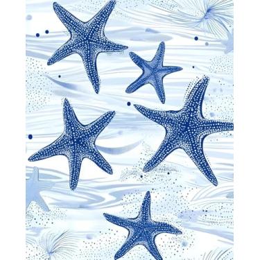 Imagem de Papel de parede azul Peel and Stick, Boho Star Watercolor and Coastal Fish 44.5 cm x 998.2 cm, papel de parede simples de estrela do mar para banheiro quarto, armário de apartamento com vinil
