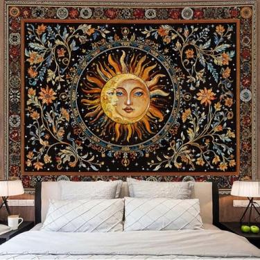 Imagem de Accnicc Tapeçaria vintage de sol e lua hippie indie boho floral tapeçaria de parede para quarto vitral estético planta celestial tapeçarias grandes para pendurar na parede para sala de estar