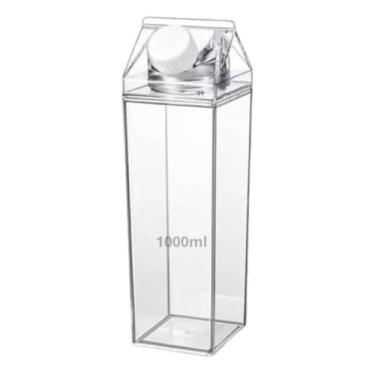 Imagem de Garrafa 1 Litro Formato Caixa de Leite Acrílico Transparente Multiuso com Tampa, 25,5cm x 7cm, para Água Chá Iogurte Suco de Laranja Geladeira Organizada