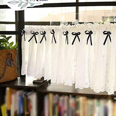 Imagem de Cortinas de cozinha cortina de café cortina de cozinha renda café cortina curta cortinas de rede transparente feito à mão estilo rural americano, decoração de laço de fita 150 cm (L) x 40 cm (A)-A