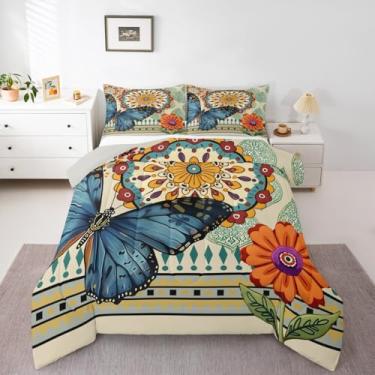 Imagem de Erosebridal Jogo de cama queen com borboleta, boêmio, para quarto de adolescentes, crianças, tribal, asteca, borboleta, flor, rústico, étnico, geométrico, macio, quente