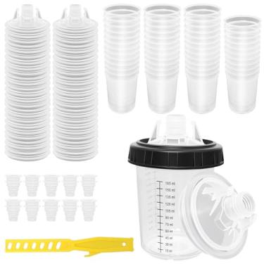 Imagem de Qopaw Copos de tinta descartáveis PPS 180 ml (170.1 g), 50 pacotes sistema de copos de mistura de tinta com 50 tampas e forros, filtro de 125 mícrons, copo rígido, plugues e bastão de agitação para