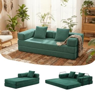 Imagem de Sofá-cama conversível, sofá-cama de 196 cm tamanho casal com apoios de braço em forma de L, sofás-cama queen size para sala de estar pequena para sala de estar, quarto, veludo cotelê, verde escuro