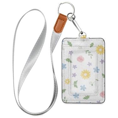 Imagem de Burbuja Porta-crachá de couro com cordão, etiqueta de identificação de flores com 1 janela transparente para identidade e 2 compartimentos para cartão para escritório, enfermeira, professor, médico