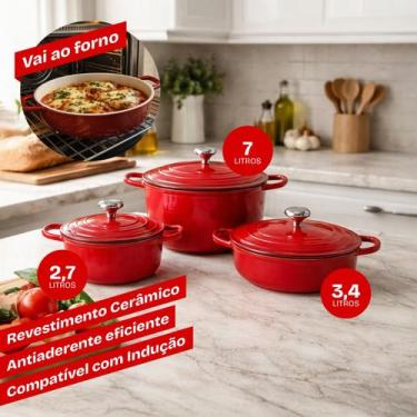 Imagem de Jogo de Panelas Cerâmica Antiaderente 3 Caçarolas Indução e Gás Vermel