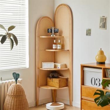 Imagem de Suporte de prateleira de canto de madeira natural, estante multifuncional de 180 cm de altura de 4 camadas com trama de rattan PE, rack de exibição organizador de canto elegante para decoração de casa