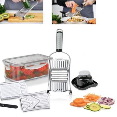 Imagem de Fatiador Cortador Multifuncional Em Inox Ralador Com Pote 9 Peças Vegetais Alho Cebola Queijo
