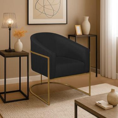 Imagem de Poltrona Decorativa Jade Moderno Escritório Confortável Luxo Base De Ferro Dourado Bouclé Cor Preto