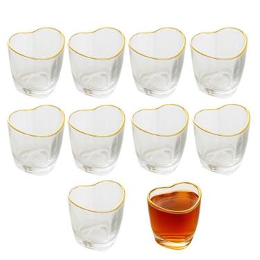 Imagem de Jogo 10 Copo Para Shot De Vidro Dose Degustação Coração Com Borda Dourada 50ml Lyor