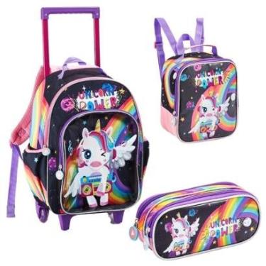 Imagem de Kit Mochila Rodinha Lancheira Térmica Estojo Duplo Infantil Escolar Unicornio Poney Pow...