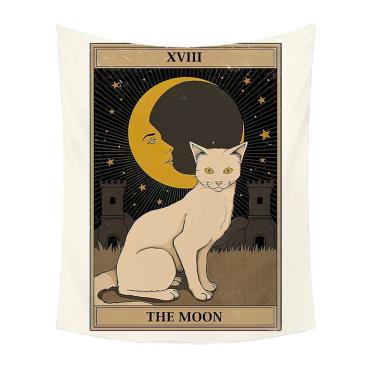 Imagem de Tapeçaria pendurada na parede Moon Tarot Cat Decoração de quarto 100x150cm