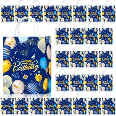 Imagem de Saco de presente: papel kraft branco de aniversário azul, 15x8x21cm, p