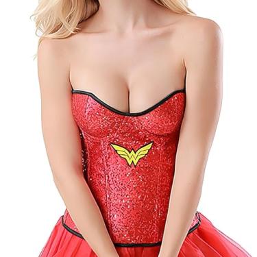 Imagem de Corset Corselet Modela Cintura Valoriza Busto Mulher Maravilha Vermelho M609