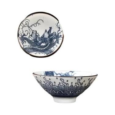 Imagem de Xícaras De Chá De Porcelana Artesanal Azul E Branca Com Dragão, Fênix 