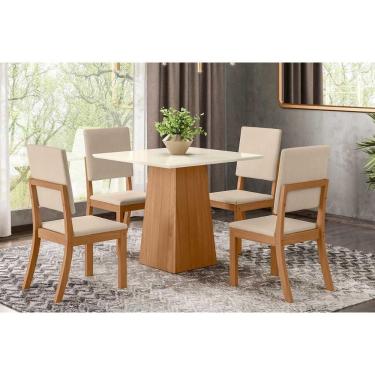 Imagem de Conjunto de Jantar Sala Completa Dora 4 Lugares Tampo em MDF com Cadeiras Milla Nature-linho Bege 90CM
