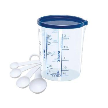 Imagem de Kit Copo Medidor 400ml Com Tampa + 4 Colheres Medida Certa - Injetemp
