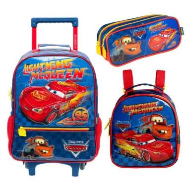 Imagem de Kit Mochila de carrinho Escolar Com Rodinhas lancheira e estojo duplo 
