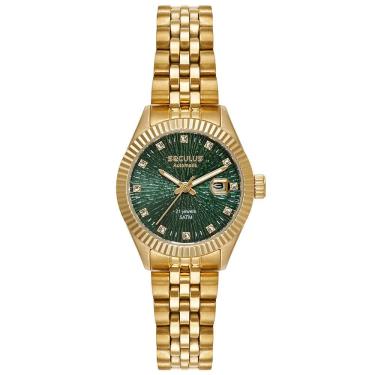 Imagem de Relógio Feminino 6T15 Clássico Aço Inox Automático Fundo Transparente Visor Verde Dourado Séculus