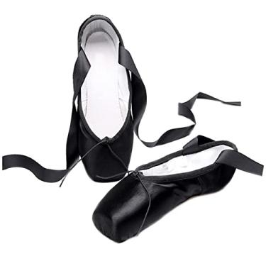 Imagem de TangDao Sapatilhas profissionais femininas de lona para balé, bico de dança profissional de cetim rosa balé com faixas, Preto, 12.5 Little Kid