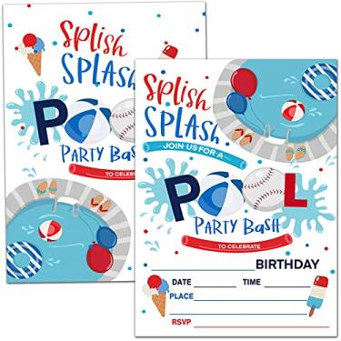 Imagem de Cartões de convite para festa de aniversário na piscina, Skip Water Bouncing Ball Splish Splash Pool Party Comemoração de festa, materiais de festa, lembrancinhas, 20 cartões com 20 envelopes – (swim02)