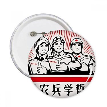 Imagem de Broche redondo de soldado camponês trabalhador vermelho China emblema botão decoração acessório 5 peças