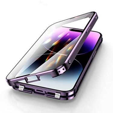 Imagem de KMXDD Capa com trava de segurança para iPhone 14 Pro com protetor de lente de câmera protetor de tela 360 estrutura metálica de corpo inteiro capa transparente vidro dupla face (iPhone14Pro, roxo escuro)