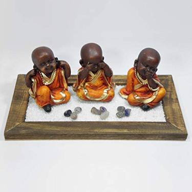 Imagem de Trio de Budas Cego Surdo Mudo na Base Aparador Madeira (Laranja)