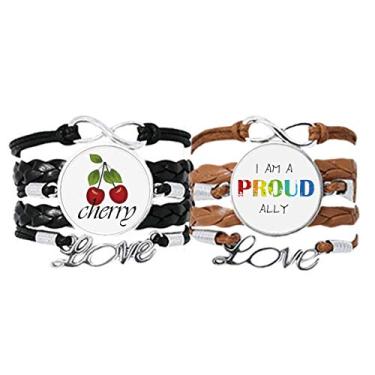 Imagem de DIYthinker LGBT Pulseira de mão com bandeira de arco-íris e pulseira de couro com corda de amor cereja conjunto duplo