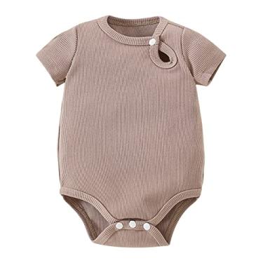 Imagem de Macacão de bebê menina manga curta cor sólida bebê verão bonito moda pequena fivela macacão sólido infantil menino roupas (marrom, 0-3 meses)