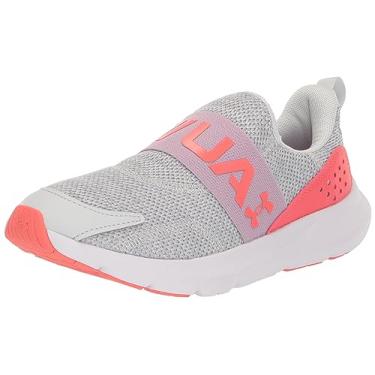 Imagem de Under Armour Tênis de corrida unissex infantil Surge 3 sem cadarço, (101) Halo Gray/Fresh Orchid/Venom Red, 4 Big Kid