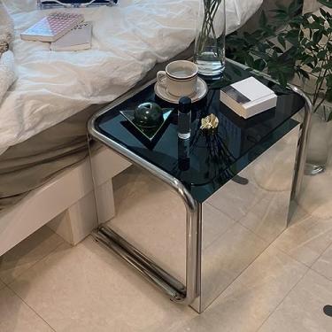 Imagem de Mesa de centro mesa lateral medieval de aço inoxidável cristal mesa de centro mesa de centro sala de casa mesas laterais Homestay fotografia base mesas de canto de mesa (cor: cinza escuro 45x50x52cm)