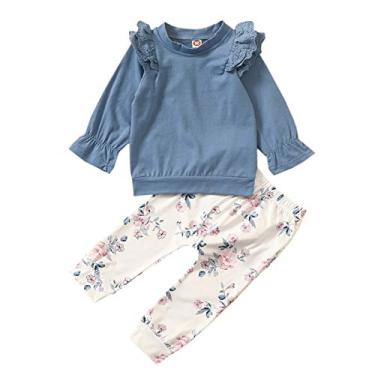 Imagem de Conjunto feminino de calça infantil xadrez para meninas camiseta flare floral babados roupas infantis manga de bebê (azul, 18-24 meses)