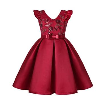 Imagem de Vestido infantil infantil estampado sem mangas festa Hoilday Court roupas de princesa sapatos de vestido de menina tamanho 3, Vermelho, 7-8 Anos