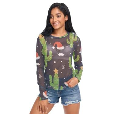 Imagem de Cactus Christmas Pattern Holiday Womens See Through Top Sheer Blusa Gola Redonda Blusa Transparente Top Shirt, Padrão de Natal de cacto, M