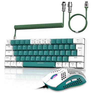Imagem de ZIYOU LANG RK-T60 Teclado Mecânico de Jogos com Fio e Mouse Combo Portátil com Arco-íris Backlit NKRO 6400DPI RGB Honeycomb Ratos Coiled Aviator C Cabo para PC/Win Gamer (Verde/Azul Switch