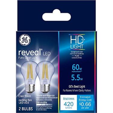Imagem de Lâmpadas de LED de substituição GE Reveal HD+ 60W, pacote com 2, transparente, decorativa, ponta sem corte, lâmpadas LED reguláveis, base média, BM