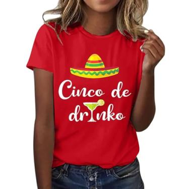 Imagem de CIN co de Ma yo Camiseta feminina mexicana Fiesta Letter Hat Impresso Tops Verão Casual Solto Confortável Blusa Leve, Vermelho, XXG