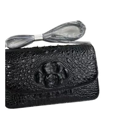 Imagem de Bolsa feminina autêntica de couro de crocodilo real pequena bolsa feminina de couro de jacaré genuíno bolsa de ombro cruzada única, Preto, 23cm(Length) x 14cm(Height) x 7.5cm(Deep)