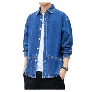 Imagem de Camisa jeans masculina de manga comprida com estampa de letras, gola aberta, botões frontais, Azul-escuro, XXG