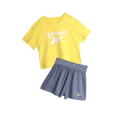 Imagem de Reebok Conjunto de shorts ativos para meninas - camiseta de manga curta e shorts de ginástica de malha com golfinho - conjunto esportivo para meninas (7-12), Azul empoeirado, 7