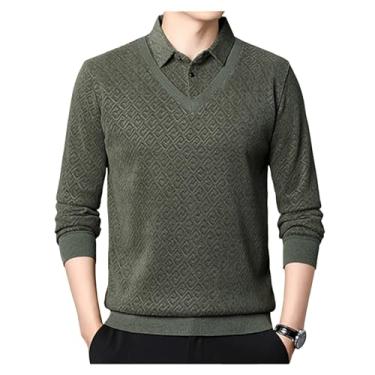 Imagem de Suéter masculino de malha de lã falso duas peças suéter quente de inverno cor sólida camisa espessa, Verde, 4G