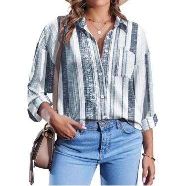 Imagem de IN'VOLAND Camisa feminina plus size de botão listrada com colarinho camisa de manga comprida texturizada blusa de trabalho tops com bolsos, Cinza multicolorido, 25 Plus Size