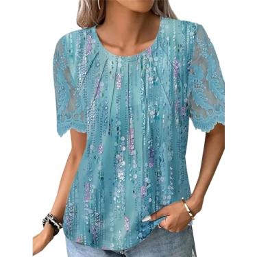 Imagem de Camisetas femininas 2024 fashion gola redonda sexy renda patchwork manga curta verão casual blusas tricotadas, Azul floral, M