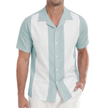 Imagem de Askdeer Camisas masculinas de linho vintage camisa de boliche manga curta Cuba Beach camisas verão casual camisa de botão, A07 Cinza Azul Branco, GG