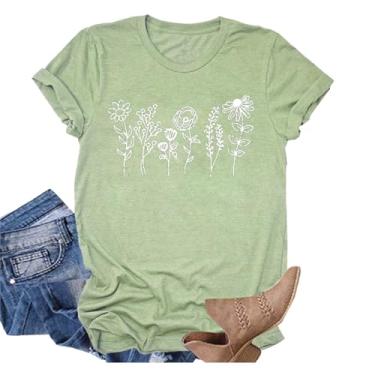 Imagem de Camiseta feminina com estampa floral floral de verão camiseta casual de manga curta para amantes de plantas, Verde - 1, M