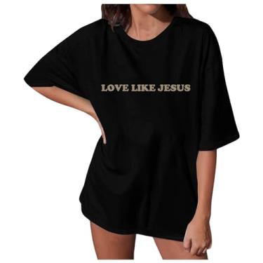 Imagem de Camiseta feminina Love Like Jesus Faith moderna verão ajuste solto leve feriado Jesus camiseta ombro caído, 03 - Preto, XXG